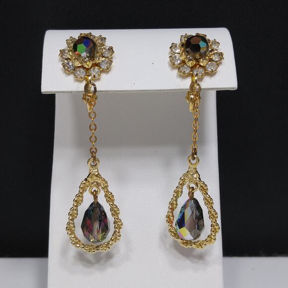 Vintage Czech Peacock Bead Dangle Earrings Floral Rhinestone Gold Tone 1960s - Picture 4 of 10